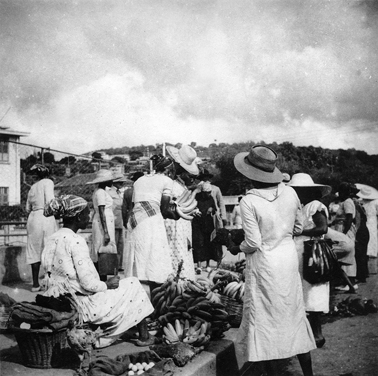Vente de bananes sur un marché martiniquais, début XXe siècle. Fonds UGPBAN